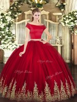 Wine Red Two Pieces Off The Shoulder Short Sleeves Tulle Floor Length Zipper Appliques Quinceanera Dress(SKU SJQDDT1571002-1BIZ)