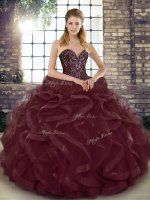 Superior Burgundy Sleeveless Floor Length Beading and Ruffles Lace Up Sweet 16 Dresses