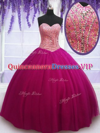 Elegant Sleeveless Floor Length Beading Lace Up 15 Quinceanera Dress with Hot Pink