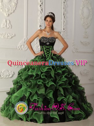 Erie Pennsylvania/PA Green and Black Beaded Decorate Bust Ruffles Layered For Quinceanera Dress