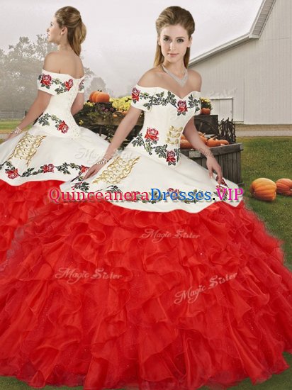 Best Selling White And Red Sleeveless Floor Length Embroidery and Ruffles Lace Up 15 Quinceanera Dress - Click Image to Close