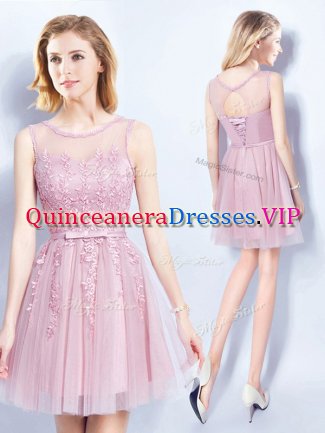 Glittering Scoop Mini Length Pink Vestidos de Damas Tulle Sleeveless Appliques and Belt