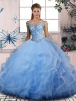 Blue Vestidos de Quinceanera Sweet 16 and Quinceanera with Beading and Ruffles Off The Shoulder Sleeveless Lace Up