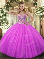 Sophisticated Floor Length Lace Up Quinceanera Gown Fuchsia for Military Ball and Sweet 16 and Quinceanera with Beading(SKU SJQDDT1041002-1BIZ)