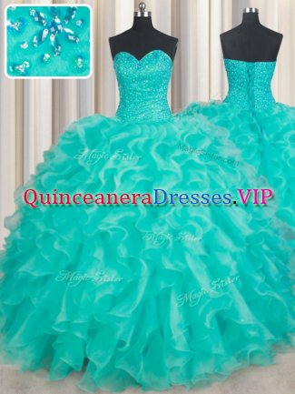 Elegant Sleeveless Organza Floor Length Lace Up Sweet 16 Dresses in Turquoise with Beading and Ruffles