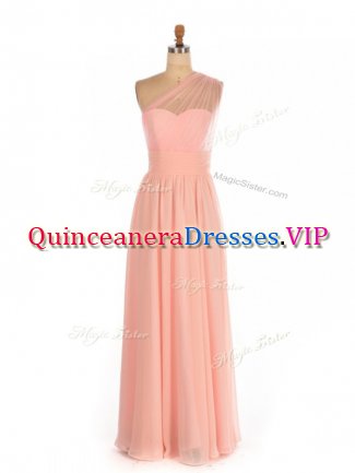 Customized Sleeveless Floor Length Ruching Side Zipper Vestidos de Damas with Peach