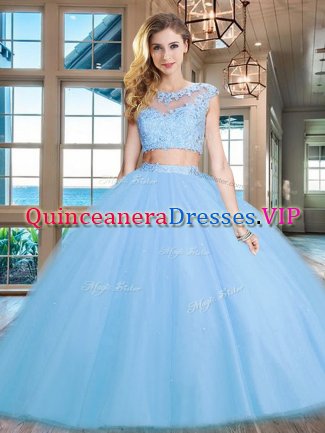 Scoop Cap Sleeves Tulle Floor Length Zipper Quinceanera Dress in Light Blue with Beading and Appliques