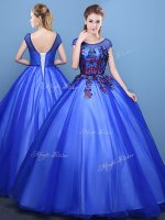 Flirting Royal Blue Scoop Lace Up Appliques Vestidos de Quinceanera Cap Sleeves