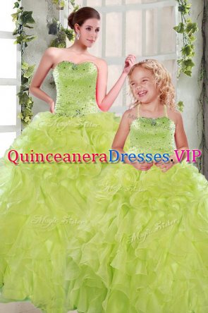 Flare Sleeveless Floor Length Beading and Ruffles Lace Up Sweet 16 Dresses with Yellow Green