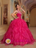 Romantic Embroidery Hot Pink Neyba Dominican Republic Quinceanera Dress For Winter Halter Organza Ball Gown(SKU QDZY381y-3BIZ)