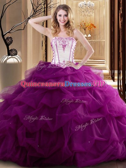 Simple Floor Length Fuchsia Quinceanera Dresses Tulle Sleeveless Embroidery and Ruffled Layers - Click Image to Close