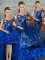 Latest Sleeveless Floor Length Embroidery and Ruffled Layers Lace Up Quinceanera Gowns with Royal Blue