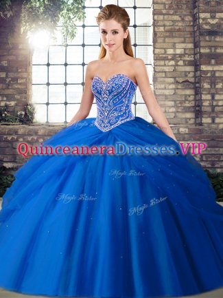 On Sale Tulle Sweetheart Sleeveless Brush Train Lace Up Beading and Pick Ups Quince Ball Gowns in Blue