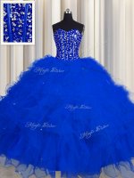 Visible Boning Sleeveless Tulle Floor Length Lace Up Quinceanera Gown in Royal Blue with Beading and Ruffles and Sequins