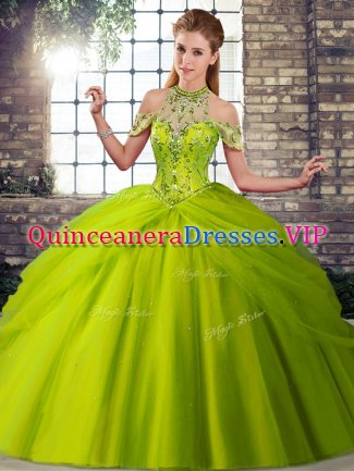 Tulle Halter Top Sleeveless Brush Train Lace Up Beading and Pick Ups Quinceanera Gown in Olive Green