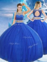 High Quality Royal Blue Scoop Clasp Handle Beading and Sequins Military Ball Dresses For Women Sleeveless