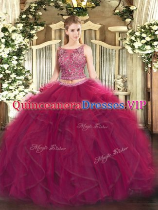 Cheap Two Pieces Ball Gown Prom Dress Fuchsia Scoop Tulle Sleeveless Floor Length Lace Up