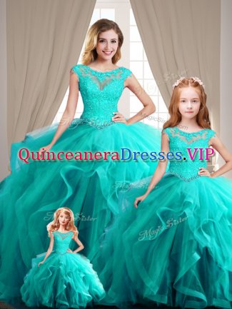 Perfect Aqua Blue Lace Up 15th Birthday Dress Cap Sleeves Beading