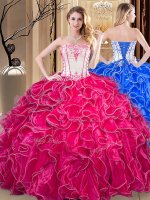 Glittering Coral Red Sleeveless Organza Lace Up 15th Birthday Dress for Military Ball and Sweet 16 and Quinceanera