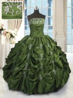 Affordable Strapless Sleeveless Vestidos de Quinceanera Floor Length Beading and Pick Ups Green Taffeta