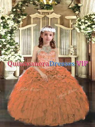 Classical Halter Top Sleeveless Tulle Pageant Gowns For Girls Beading and Ruffles Lace Up