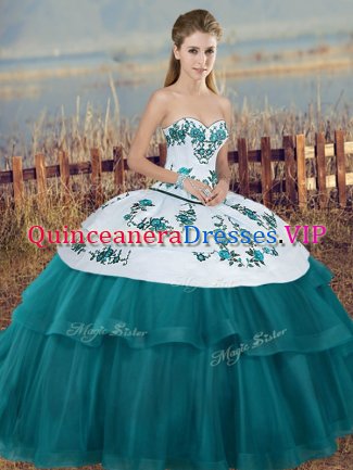 Teal Lace Up Sweet 16 Dress Embroidery and Bowknot Sleeveless Floor Length