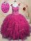 Trendy Cap Sleeves Floor Length Beading and Ruffles Lace Up Sweet 16 Dresses with Fuchsia