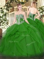 Green Ball Gowns Beading and Ruffles Quinceanera Dresses Lace Up Tulle Sleeveless Floor Length