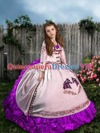 Gorgeous White Ball Gowns Satin and Organza Straps Sleeveless Embroidery and Ruffles Lace Up Girls Pageant Dresses Sweep Train