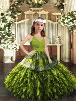 Olive Green Sleeveless Floor Length Appliques and Ruffles Zipper Child Pageant Dress