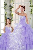 Lavender Organza Lace Up Strapless Sleeveless Floor Length 15th Birthday Dress Embroidery and Ruffled Layers