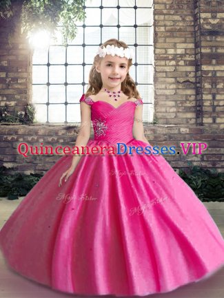 Straps Sleeveless Tulle Little Girl Pageant Gowns Beading Lace Up