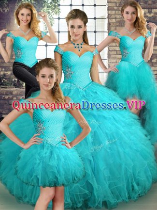 Latest Aqua Blue Tulle Lace Up Quinceanera Dresses Sleeveless Floor Length Beading and Ruffles