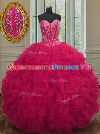 Coral Red Sleeveless Organza Lace Up Sweet 16 Quinceanera Dress for Military Ball and Sweet 16 and Quinceanera