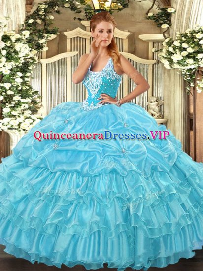 Captivating Aqua Blue Straps Neckline Beading and Ruffled Layers and Pick Ups Quinceanera Dresses Sleeveless Lace Up - Click Image to Close