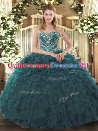 Fashionable Teal Ball Gowns Beading and Ruffled Layers Quinceanera Gowns Lace Up Tulle Sleeveless Floor Length