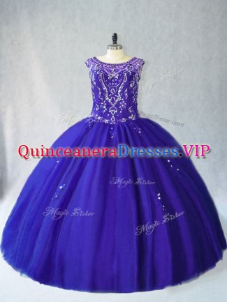 Royal Blue Ball Gowns Beading Ball Gown Prom Dress Lace Up Tulle Sleeveless Floor Length