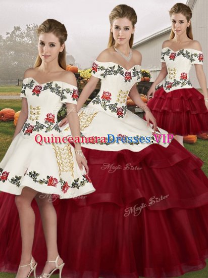 Sweet Off The Shoulder Sleeveless Brush Train Lace Up Quinceanera Gowns Wine Red Tulle - Click Image to Close