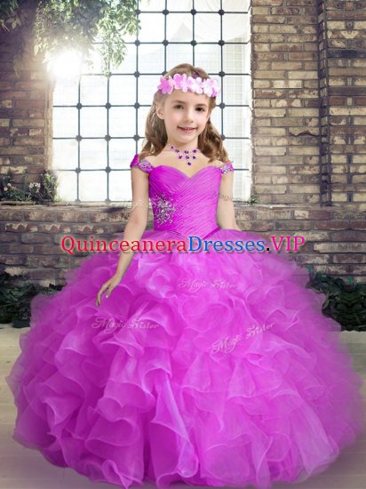 Fashion Beading and Ruffles Kids Pageant Dress Fuchsia Lace Up Sleeveless Floor Length - Click Image to Close