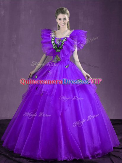 Stunning Purple Ball Gowns Organza Sweetheart Sleeveless Appliques and Ruffles Floor Length Lace Up 15th Birthday Dress - Click Image to Close