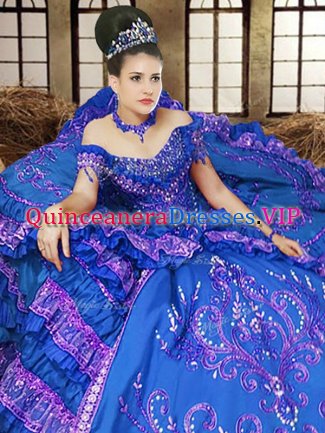 Ideal Off the Shoulder Royal Blue Ball Gowns Embroidery Quinceanera Gown Lace Up Satin Sleeveless Floor Length