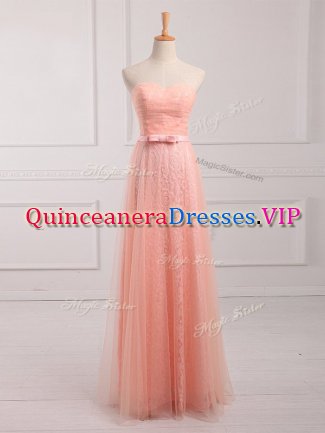 Cheap Peach Sleeveless Tulle and Lace Lace Up Damas Dress for Prom and Party and Wedding Party