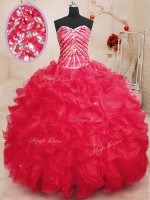 Fashion Coral Red Ball Gowns Sweetheart Sleeveless Organza Floor Length Lace Up Beading and Ruffles and Sequins 15 Quinceanera Dress