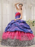 Eagle Grove Iowa/IA Colorful Exclusive Quinceanera Dress With purple Taffeta and pink Organza and Zebra Pick-ups