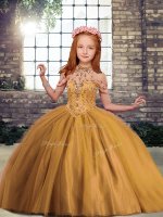 Brown Sleeveless Tulle Lace Up Little Girls Pageant Gowns for Party and Military Ball and Wedding Party(SKU PAG1230-14BIZ)