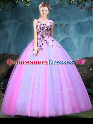 Traditional Multi-color Lace Up V-neck Appliques 15 Quinceanera Dress Tulle Sleeveless