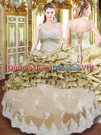 Captivating Champagne Ball Gowns Taffeta Straps Sleeveless Beading and Appliques and Ruffled Layers and Pick Ups Floor Length Lace Up Vestidos de Quinceanera