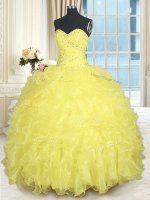 Superior Yellow Sleeveless Organza Lace Up 15th Birthday Dress for Military Ball and Sweet 16 and Quinceanera