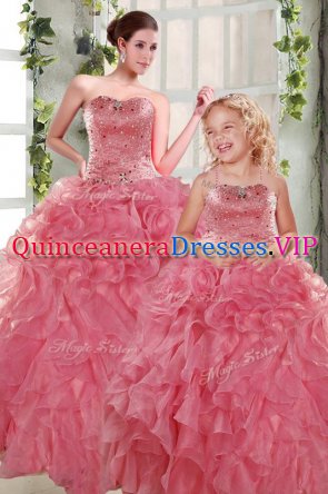 Custom Fit Floor Length Rose Pink Sweet 16 Dresses Strapless Sleeveless Lace Up