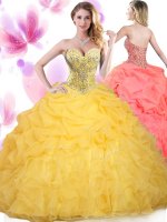 Charming Sweetheart Sleeveless Quinceanera Dress Floor Length Beading and Ruffled Layers Gold Tulle